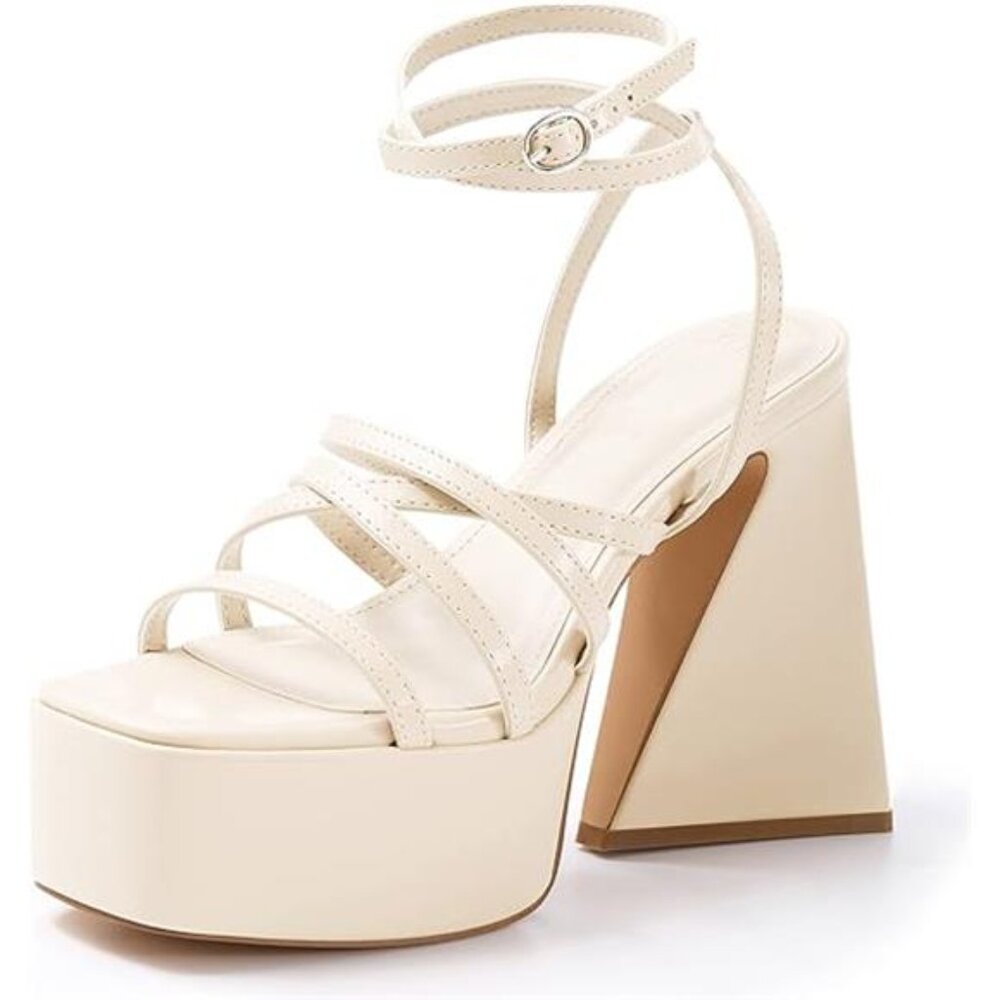 Women's Platform High Heels Sandals Square Open Toe Strappy Pumps Lace Up - Picture 7 of 7